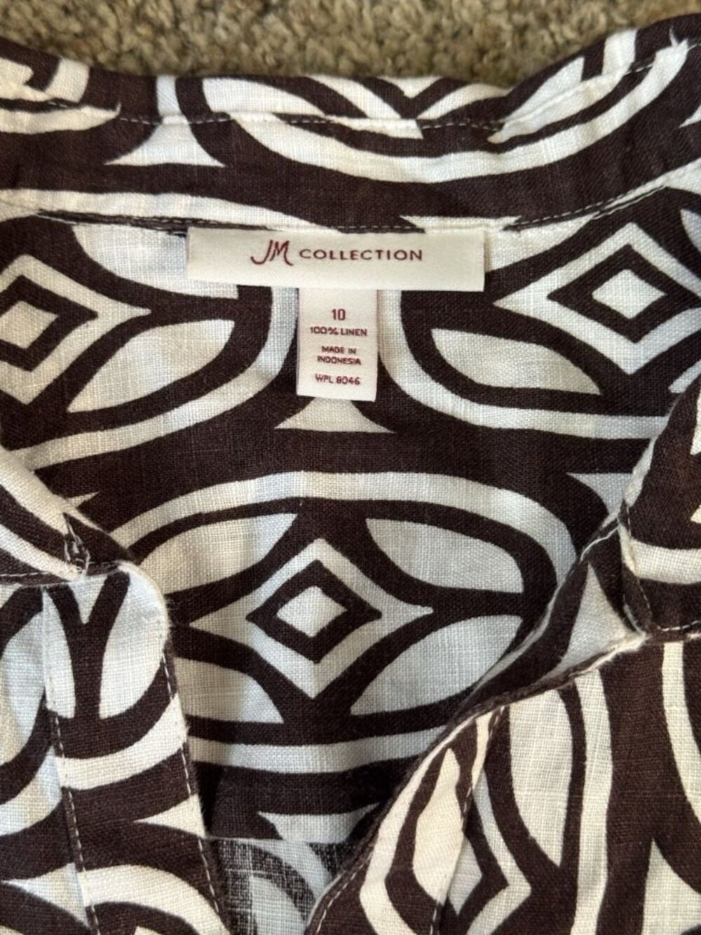 JM Collection Linen Button Shirt Geometric Print 3/4 Sleeve Casual Office Sz 10 - Picture 4 of 10